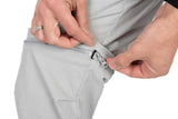 Man zipping the adjustable leg of Fox Rage Zip-Off pants, designed for bass fishing.